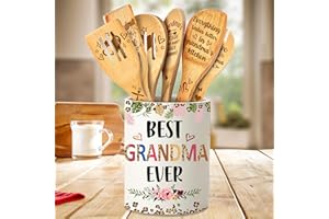 TAESUN Gifts for Grandma Mothers Day, Grandma Ceramic Utensil Holder with Wooden Spoons Gifts Set, Thoughtful Gifts for Grandma from Grandkids Cooking Tools Kitchen Utensils Set with Wooden Spatulas for 6