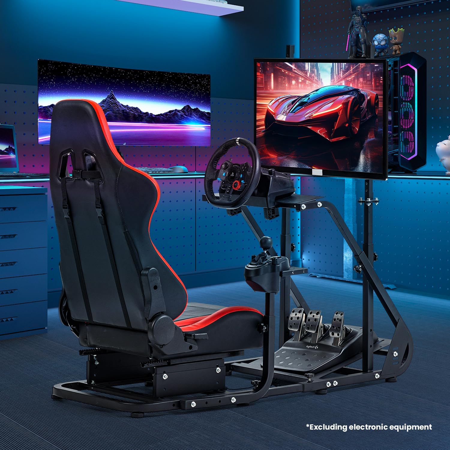 Supllueer Racing Simulator Cockpit with Comfort Gaming Seat&Monitor Stand Fit for Logitech/Thrustmaster/Fanatec GPRO G29 G920 T300, Adjustable Sim Race Mount No Steering Wheel Shifter Pedal Display