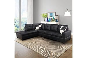 SumKea L-Shaped Sectional Sofa Set 5-Seat Luxurious Faux Leather Couches for Living Room, Left Facing Chaise with Pillows, Space-Saving Design, Black