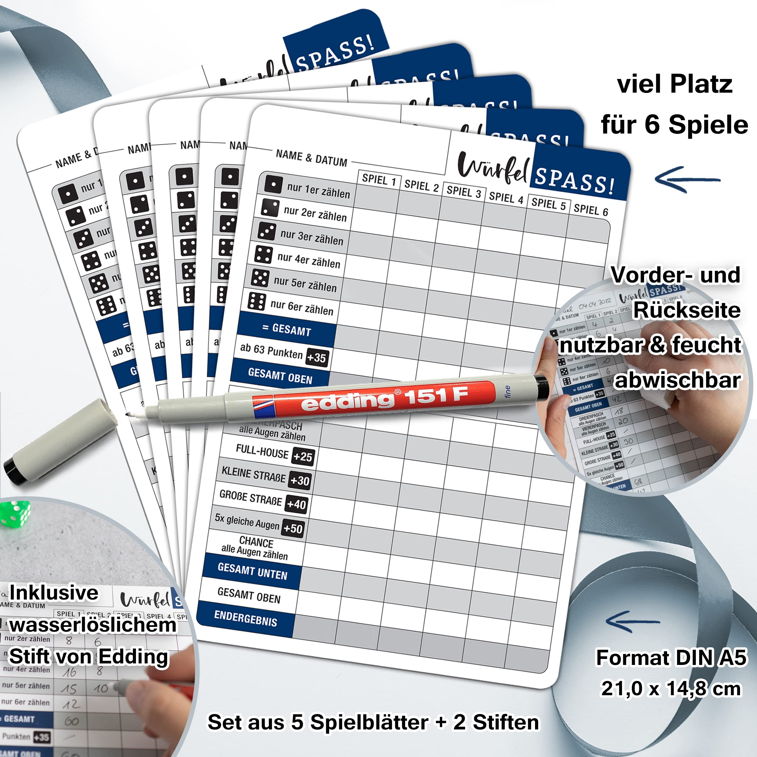 TOBJA Würfelspiel abwischbar inkl. Stifte - 5X DIN A5 Blätter wiederverwendbar mit 2 Stiften | Für Senioren Extra große Schrift/Zahlen | Reisespiele Seniorenspiele (5X abwischbar + Stifte) 2