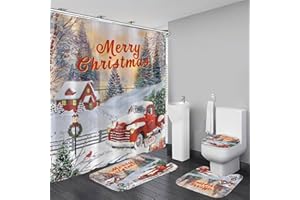 DDQQ 4 Pieces Merry Christmas Shower Curtain Sets with Non-Slip Bathroom Rugs, Toilet Lid Cover and Bath Mat, Xmas Red Truck Shower Curtain with 12 Hooks, Bathroom Curtain Shower Set for Chirstmas