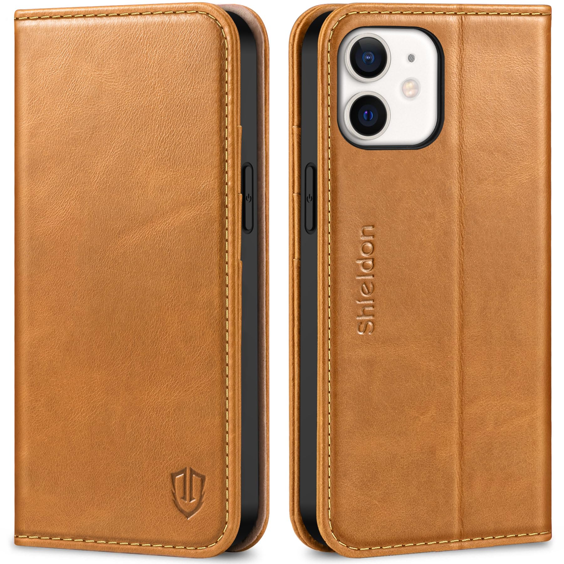 Photo 1 of SHIELDON Case for iPhone 12 Mini, Genuine Leather Wallet Folio Case Magnetic Closure RFID Blocking Card Slots Kickstand Full Protection Cover Compatible with iPhone 12 Mini (5.4 inch, 2020) - Brown