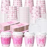 Jingmore 48 Sets Pink Bow Disposable Coffee Cups with Lids and Sleeves, 8oz Coquette Bowknot Drinking Cups for Wedding Bachelorette Baby Shower Birthday Party Supplies