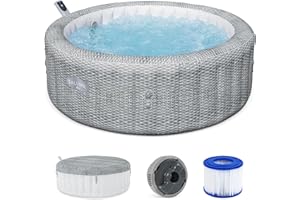 Bestway SaluSpa Bali Smart AirJet Inflatable Hot Tub Round Portable 4 to 6 Person Spa with 140 AirJets, App Control and EnergySense Cover, Grey Rattan