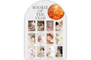 UIBOVA Rookie Of The Year My First Year Photo Board, Basketball Baby Milestone Signs for Boys Girls Nursery Decor, 12 Month Wooden Picture Board for 2x3 Photos, Best Babies Keepsake Gifts-A12