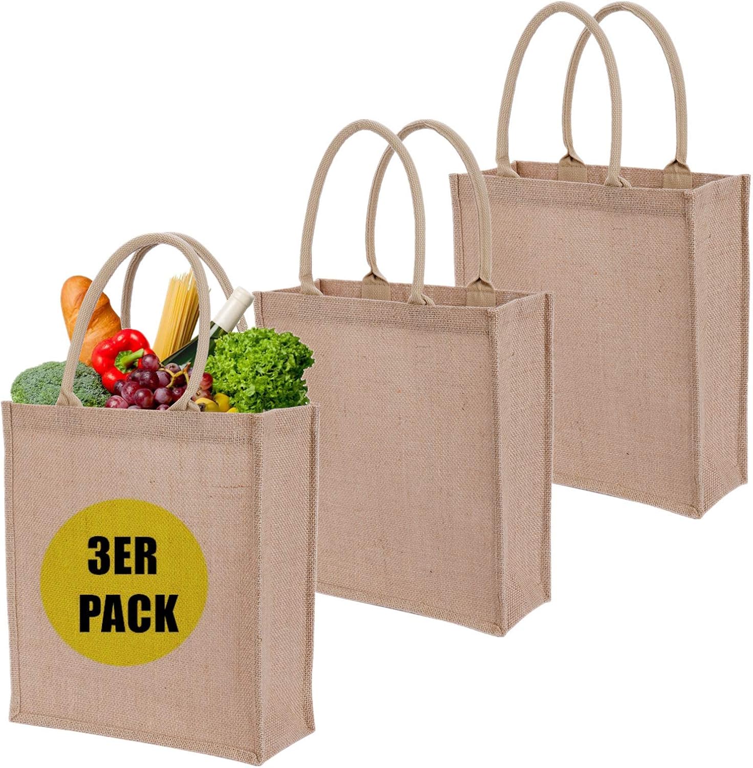 LONGBLE Pack of 3 Jute Gift Bags 35 x 31 x 12 cm Large Shopping Bags