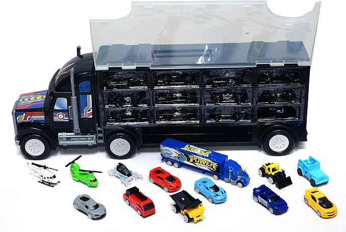 MWG Exports Co Super Huge Long Haul Garage Truck with Stylish Racing Cars , Chinook Helicopters, UFO Aircraft, Construction Vehicles, Fire Engines Die-cast Kids Toys - 13 Vehicles