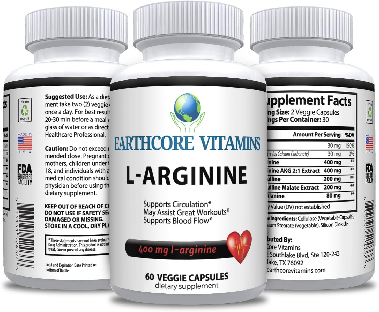 LARGININE Dietary Supplement EarthCore Vitamins Health
