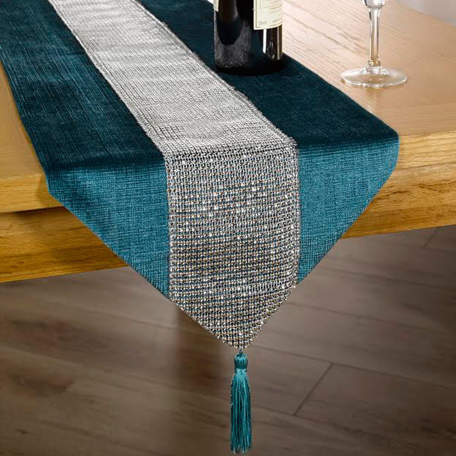 Just Contempo Diamante Table Runner, 13 x 90 Inches - Teal Blue