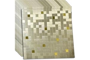 XUANINY 10-Piece Self-Adhesive Metal Backsplash, Peel and Stick Tile for Kitchen Brushed Aluminium Surface backsplash (11.73"x11.73",10) (Gold Brushed)