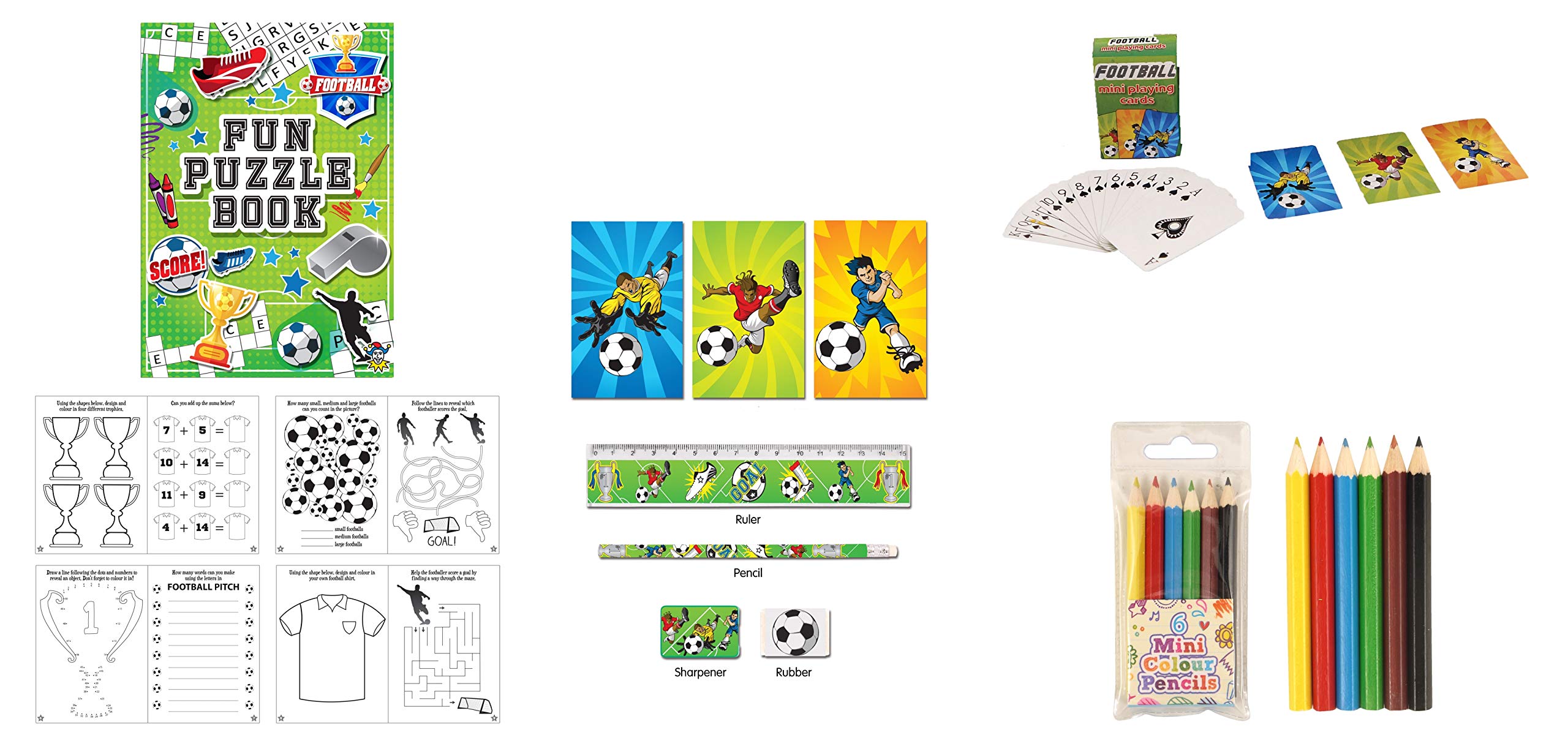 Anilas 15 Piece Football Themed Stationery Set - Pencil, Sharpener, Rubber, Ruler, 3 Notepads, Puzzle Book, Playing Cards and Set of 6 Colouring Pencils