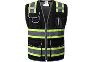 HATAUNKI Retro-Reflection Safety Vests Heavy Duty Black Mesh with 11 Multi-Function Pockets and Front Zipper ANSI/ISEA 107-2015 (Black-11,3X-large)