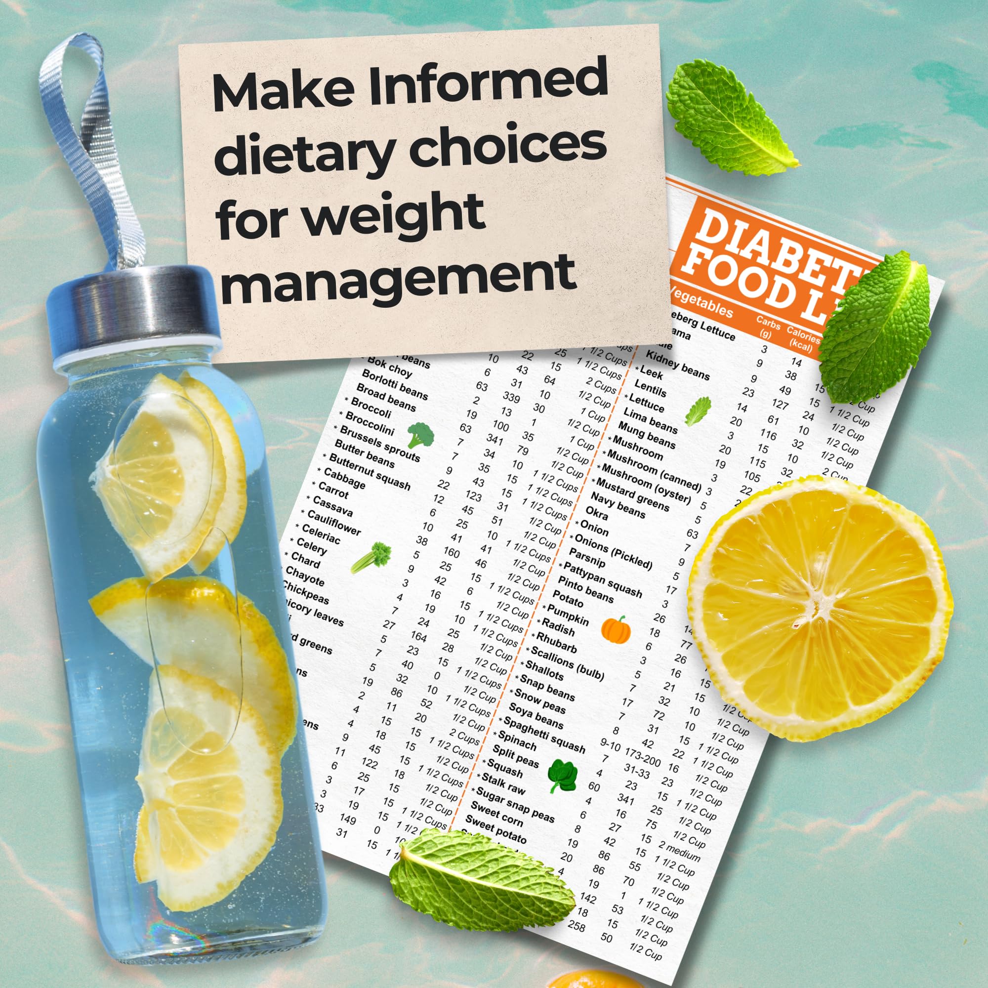 Fodlist Diabetes Food List Chart. And Diabetic Meal Planner Laminated for Grocery, type 1, 2, & prediabetic. Glycemic Index list included for Meal Planning, & Healthy Nutrition that Supports Blood Sugar Control and Diabetes Management.