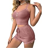 winkbay Women's 2 Piece Lace Pajamas Summer Deep V Neck Crop Cami Top and Drawstring Shorts Lounge Sets Sleepwear