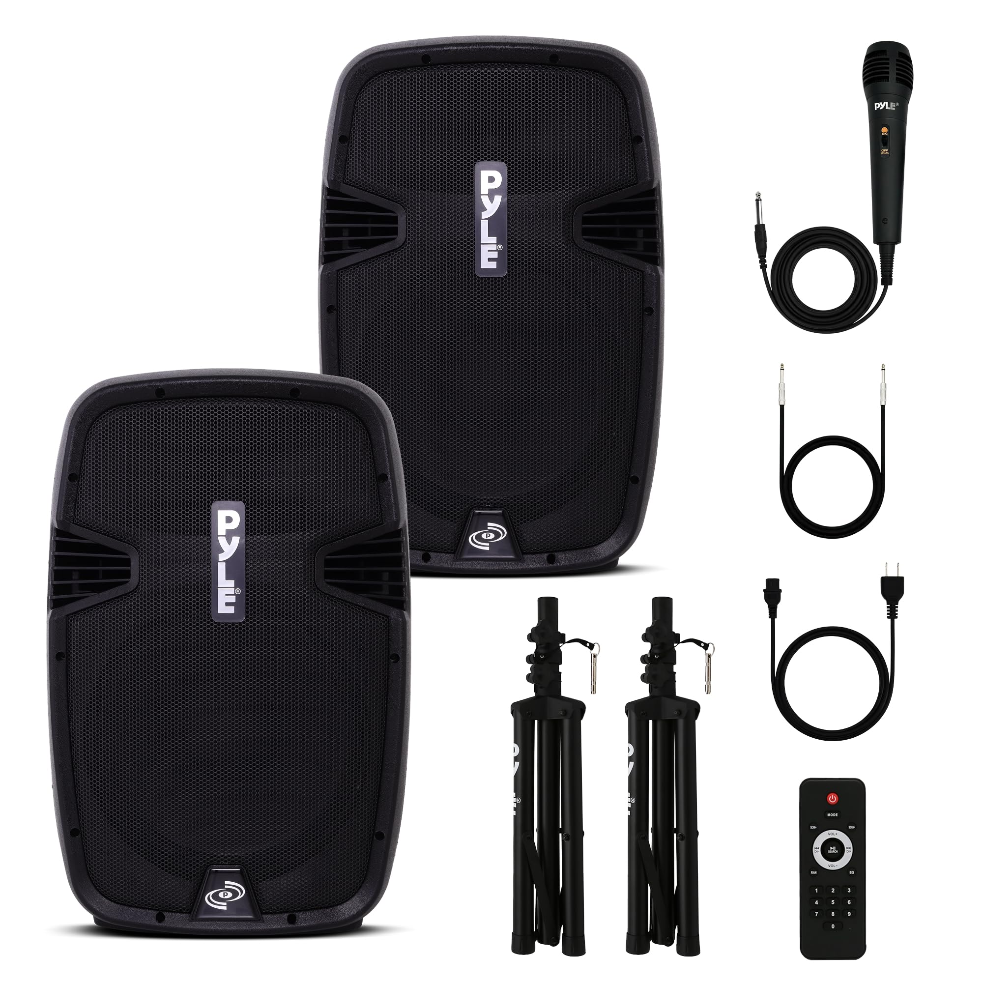 Photo 1 of 1 Pyle Wireless Portable PA System Kit - 1800W Peak, Bluetooth Compatible, Active + Passive Pair For Indoor / Outdoor Sound, Multiple Inputs-USB SD AUX XLR RCA, Comes With 2 Stands, Wired Mic, Remote