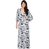 KOH KOH Womens Long Kimono Sleeves V-Neck Floral Print Flowy Summer Maxi Dress