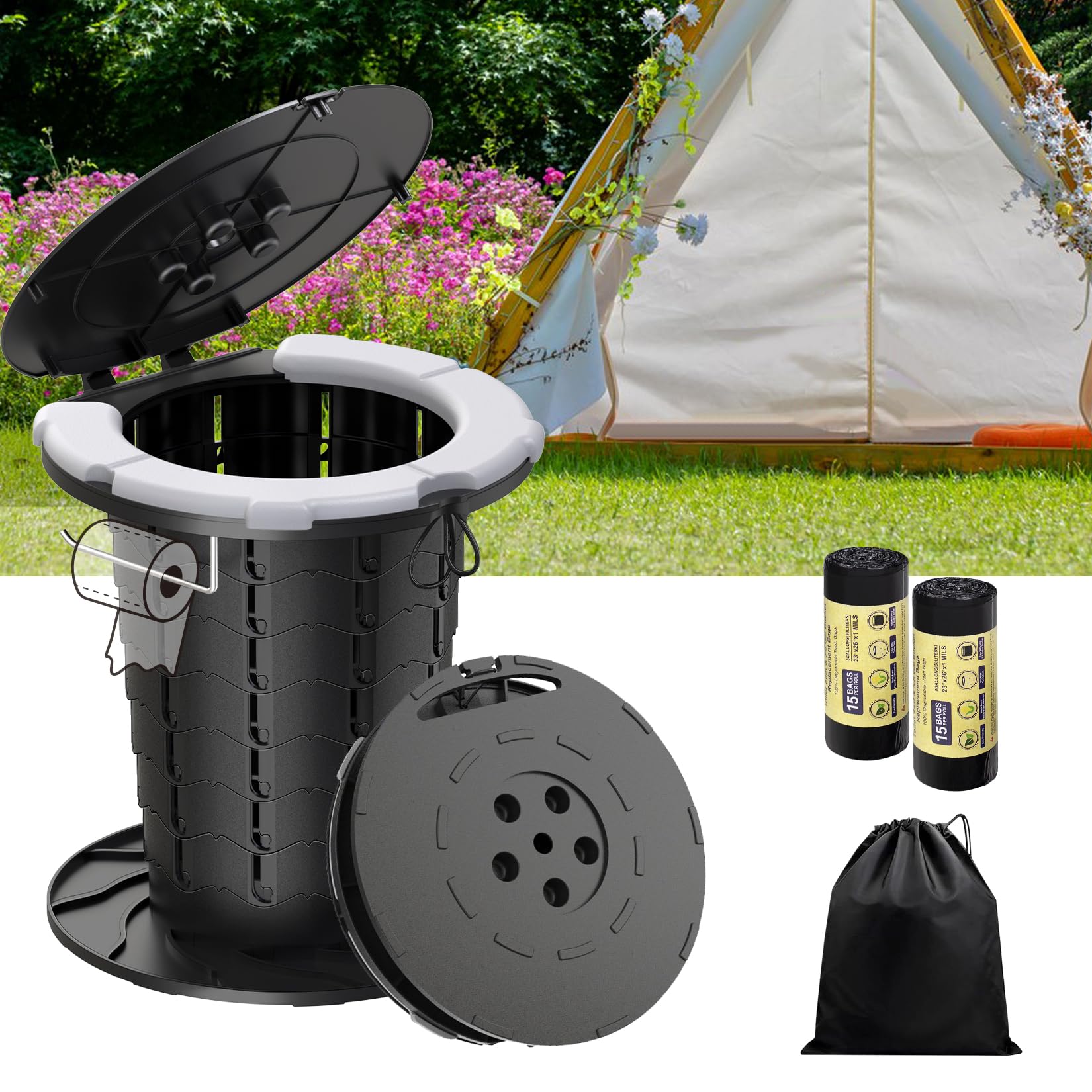 Photo 1 of UGarden Upgraded Retractable Portable Toilet with PU Cushion, Adjustable Height Foldable Camping Toilet Travel Toilet, 300LBS Soft Seat Portable Potty with Paper Holder, Folding Toilet for Camping/Car
