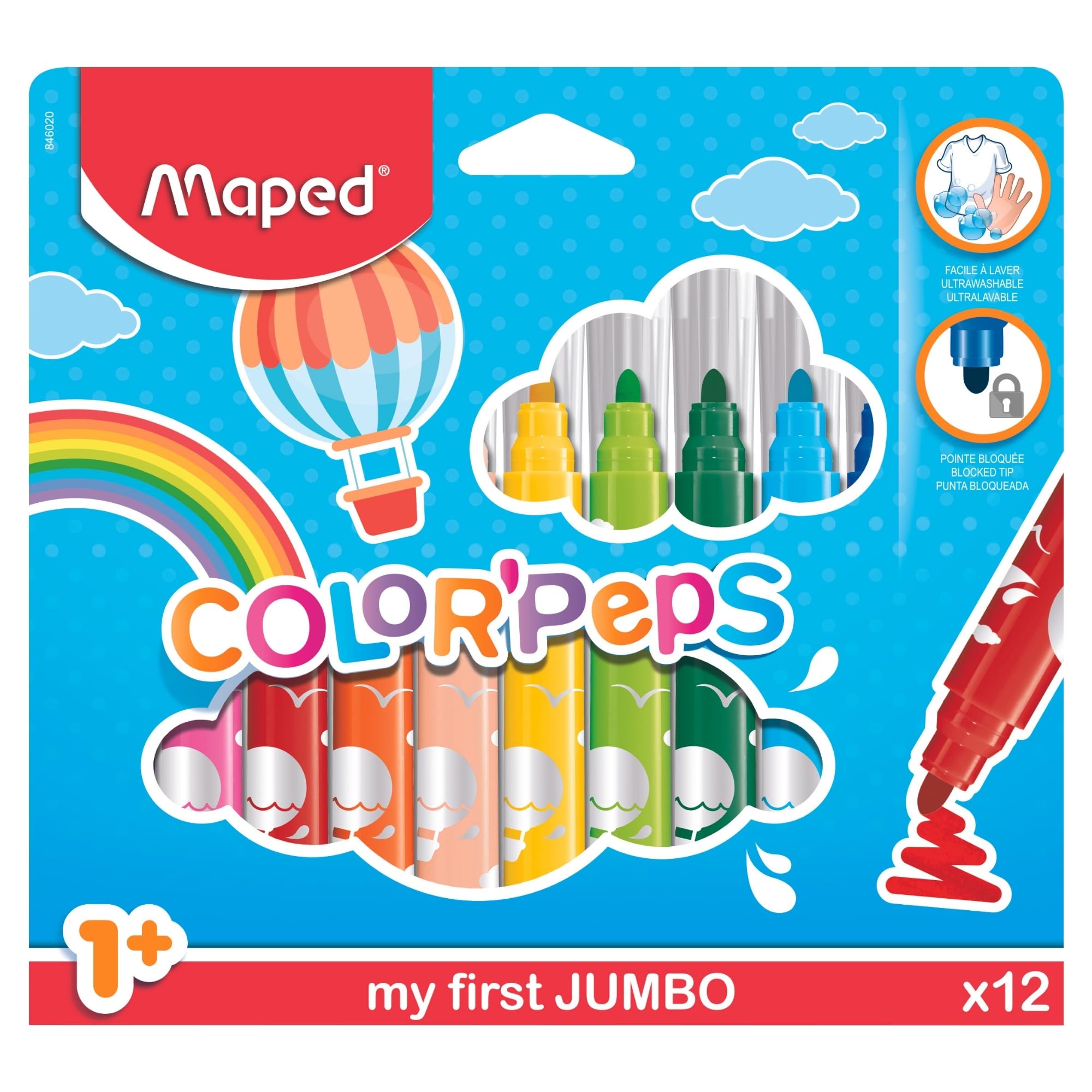 Maped Color'Peps My First Jumbo Colouring Felt Pens For Toddlers and Children Age 1+ - 12 Bright Colours with Blocked Nibs and Washable Ink