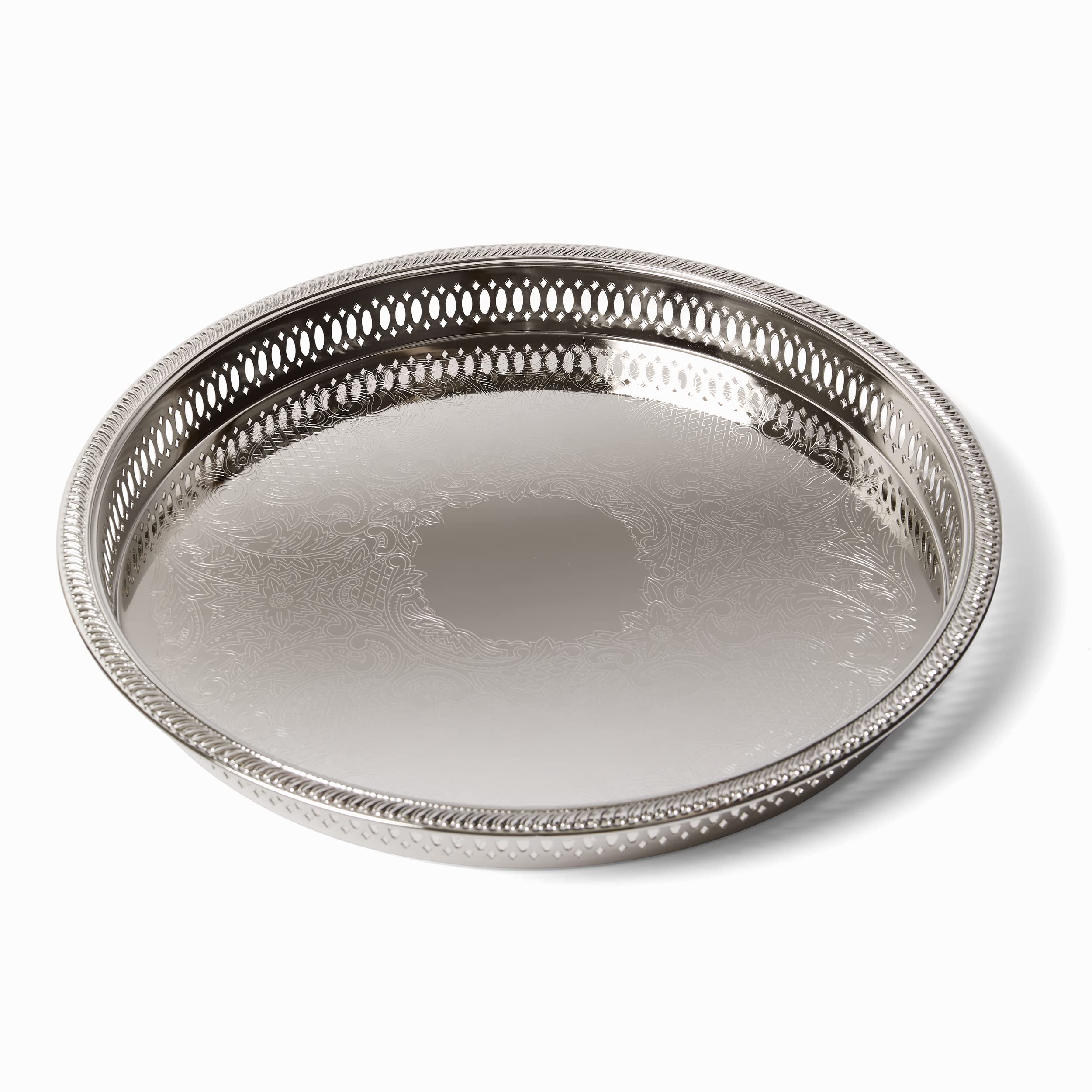 Elegance round nickel-plated bar tray with decorative embossed rim, 12.75 inch