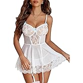 Avidlove Sexy Lingerie for Women Deep V Neck Lace Babydoll Mesh Chemise Boudoir Nighty with Garter Belt