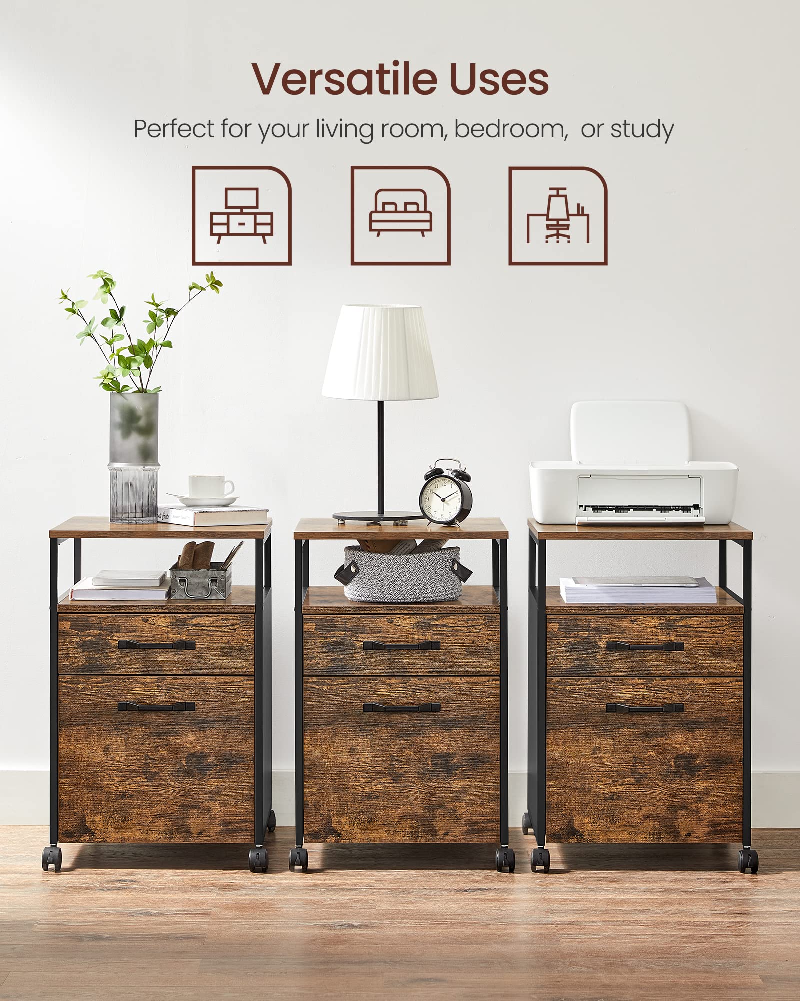 VASAGLE File Cabinet, Mobile Filing Cabinet with Wheels, 2 Drawers, Open Shelf, for A4, Letter Size, Hanging File Folders, Rustic Brown and Ink Black UOFC71X