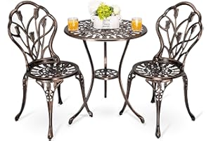 HOMEFUN Bistro Table and Chairs Set of 2 Outdoor 3 Piece Patio Set Tulip Pattern Cast Aluminum Bistro for Garden Balcony, Durable Rust All-Weather Resistance (Bronze)