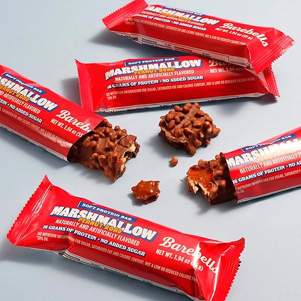 BAREBELLS SOFT PROTEIN BARS MARSHMALLOW PEANUT ROAD – 12 COUNT, 1.9OZ BARS – NUTRITIONAL SNACKS WITH 16G OF HIGH PROTEIN – FLUFFY CHOCOLATE TREAT WITH 2G OF TOTAL SUGARS – BREAKFAST BARS