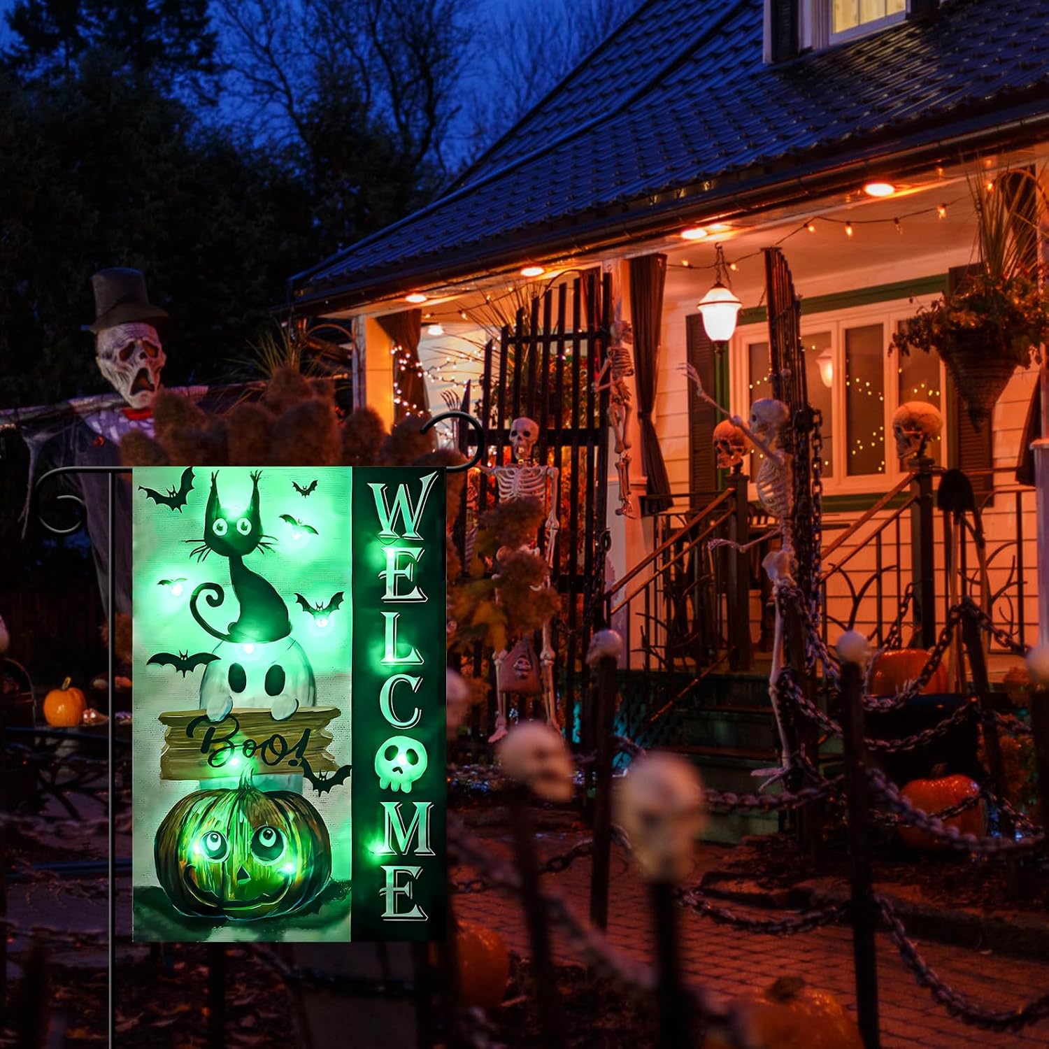 Yard Signs - Solar Lights Halloween Welcome Garden Flag With Ghost BOO Cat Pumpkin Bat Witch, Double Sided Outside Decorations Burlap Yard Flag 12x18 Inch (Solar light, A7)