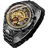IK COLOURING Men's Watch, Mechanical Stainless Steel Skeleton Steampunk Design Automatic Self-Winding Roman Numeral Wrist Watch
