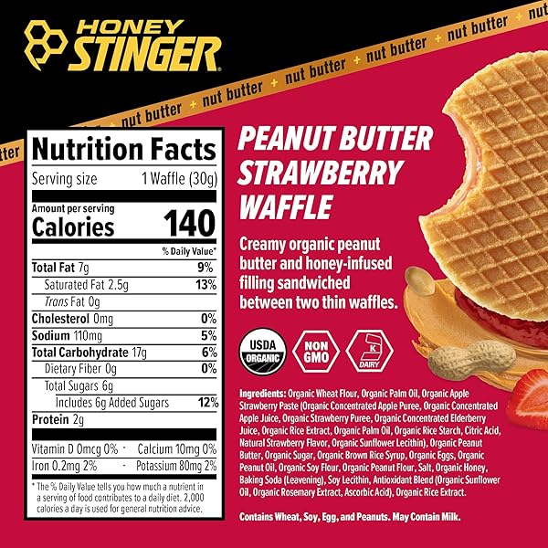 HONEY STINGER ORGANIC PEANUT BUTTER STRAWBERRY WAFFLE, ENERGY STROOPWAFEL FOR EXERCISE, ENDURANCE AND PERFORMANCE, SPORTS NUTRITION FOR HOME & GYM, PRE & DURING WORKOUT, 16.96 OUNCES (PACK OF 16)