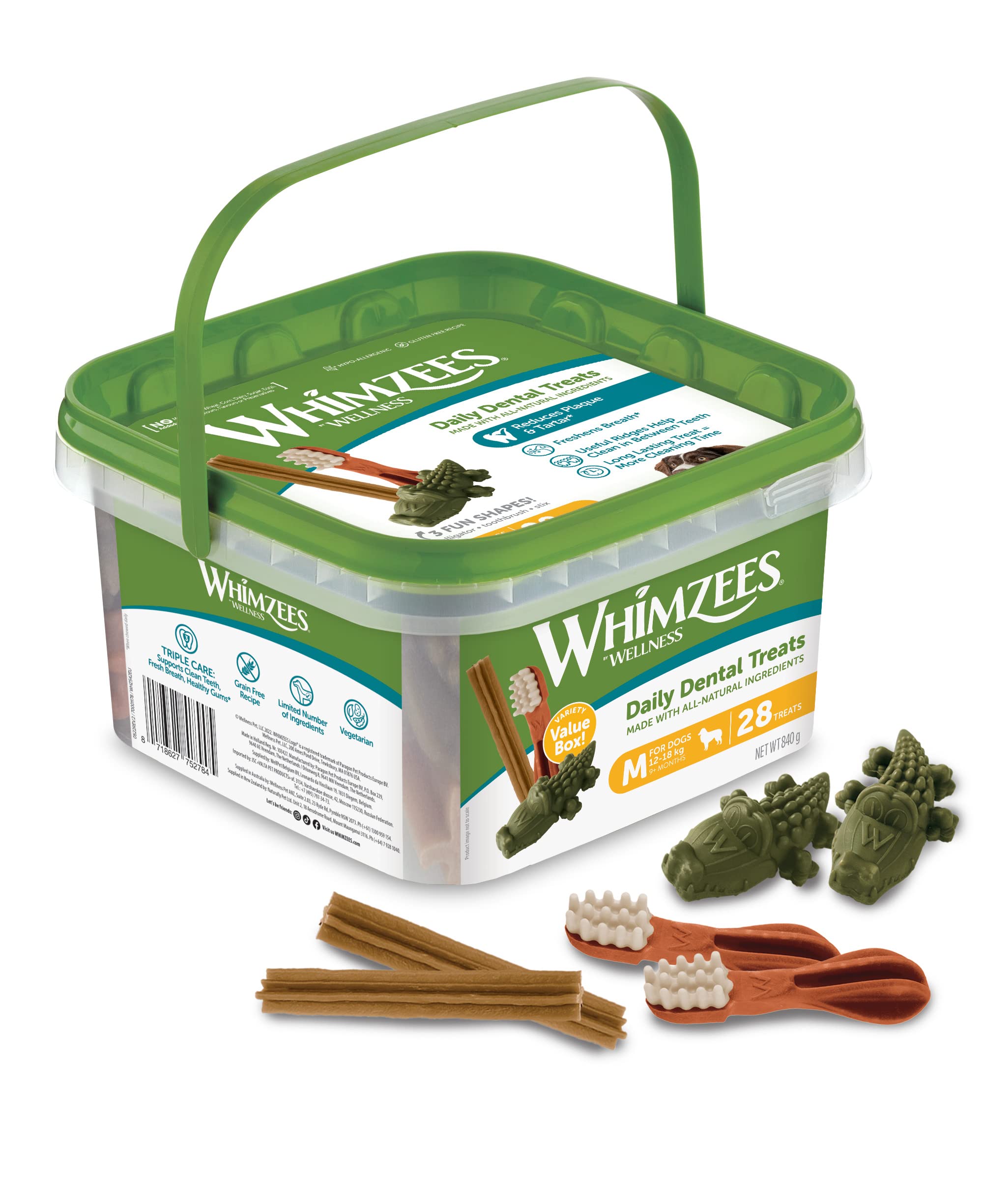 WHIMZEES Variety Box Dental M, 28 Pieces – Mixed Shapes, Size M, Dog Chews for Medium Breeds, Natural and Grain Free, Rawhide-Free, Vegetarian, No Added Sugar