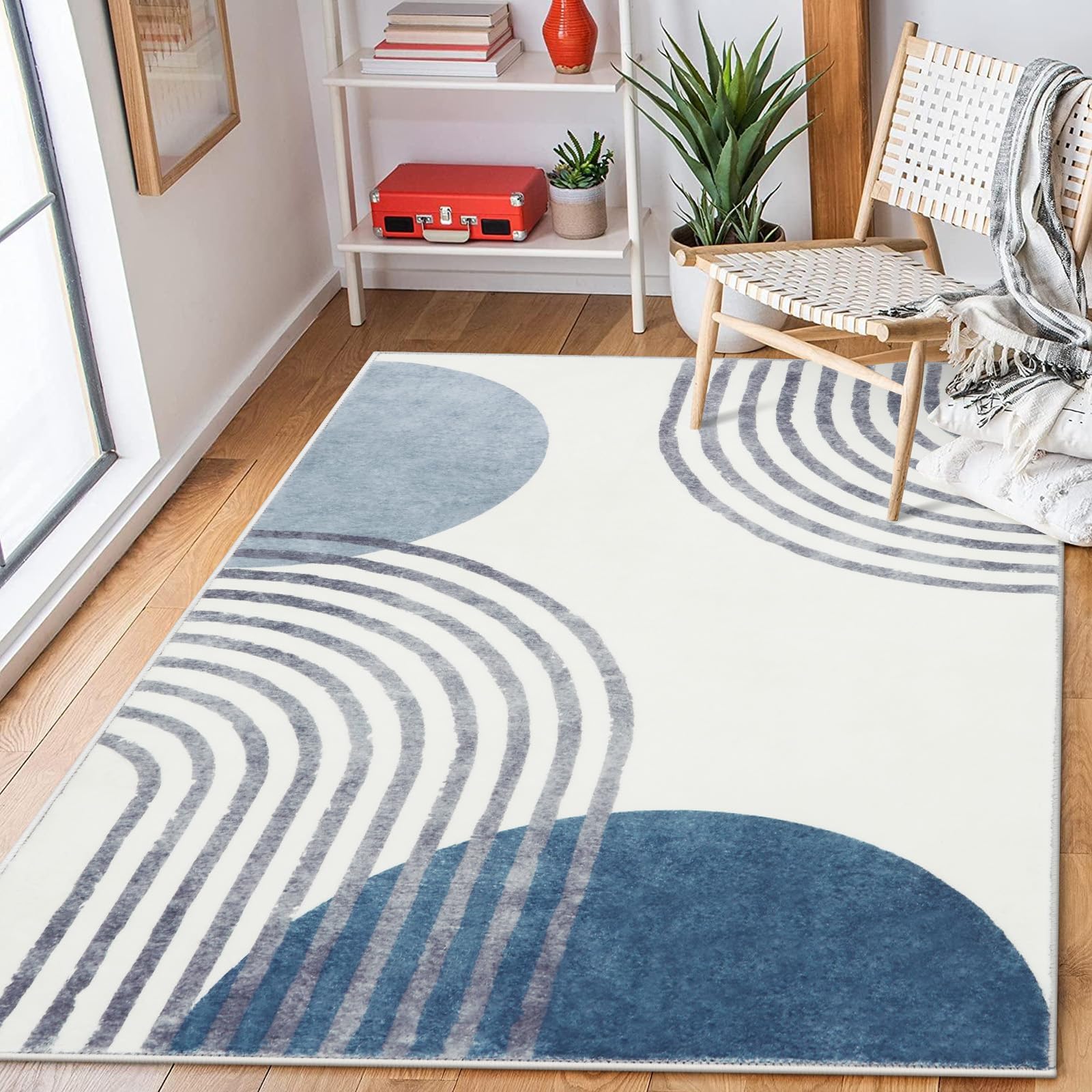 Photo 1 of Wonnitar Boho Area Rug, 3x5 Washable Rugs for Living Room, Non-Slip Blue Rugs for Bedroom, Modern Abstract Low Pile Small Aesthetic Floor Carpet for Baby Boy Room Dorm Playroom (Blue,3'x5')