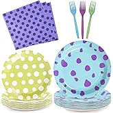 96 Pcs Monster Birthday Party Supplies Disposable Tableware Set Serve 24 Guests Include Blue Plates and Purple Napkins Plastic Forks for Baby Shower Birthday Halloween Decoration