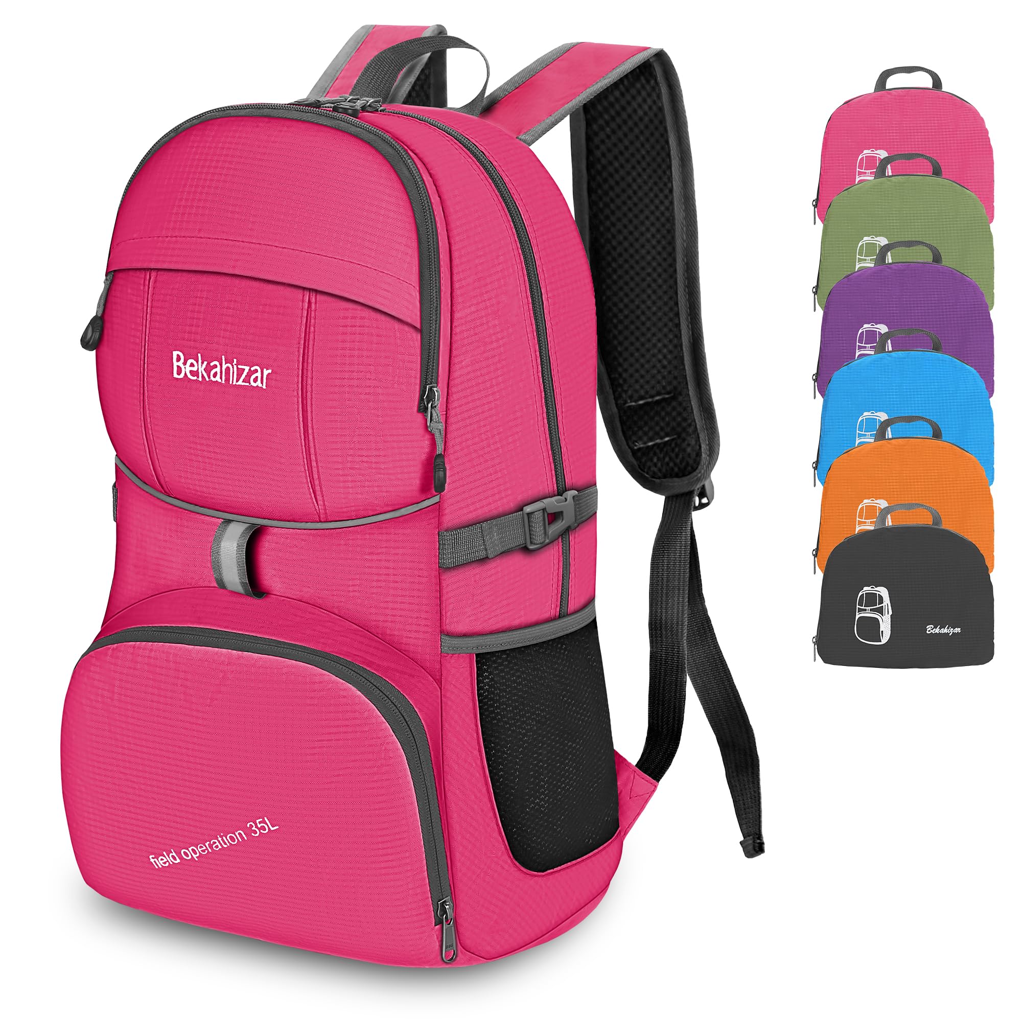 Bekahizar Lightweight Foldable Backpack 35L Hiking Rucksack Daypack Packable Travel Day Bag for Men Women Teens Outdoor Sports Walking Camping Travelling Cycling (Hot Pink)