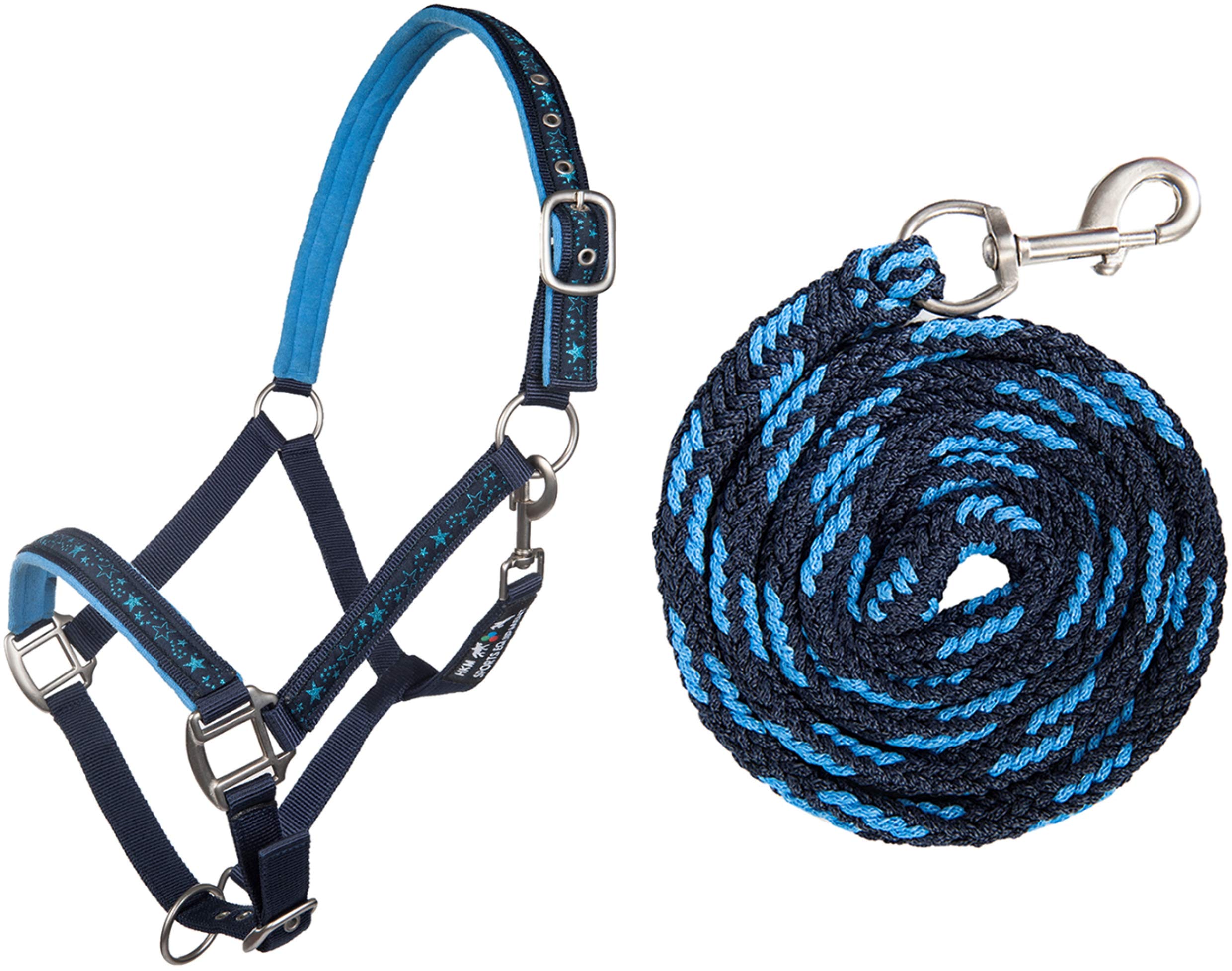 HKM 10025 Headcollar Set Star Headcollar and Knit Carabiner Dark Blue/Baby Blue, Shetty