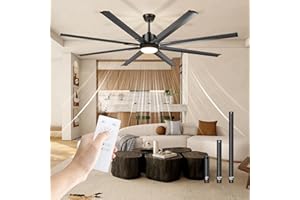 Hisummer 72 inch Large Industrial Ceiling Fan with Light, 8 Aluminum Blades Black Ceiling Fan with Light and Remote, Quite DC Moter Indoor Outdoor Ceiling Fan for Patios Living Room (Glossy Black)