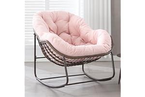HOMEFUN Outdoor Patio Rocking Chairs, Oversized Papasan Rock Chair Indoor with Teddy Padded Cushion - Rocker Egg for Front Porch, Garden, Backyard Pink
