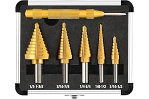 COMOWARE Step Drill Bit Set 5-Piece Titanium-Coated with Automatic Center Punch - Short Length, Double Cutting Blades, High-Speed Steel - Covering 50 Sizes, Complete with Aluminum Case