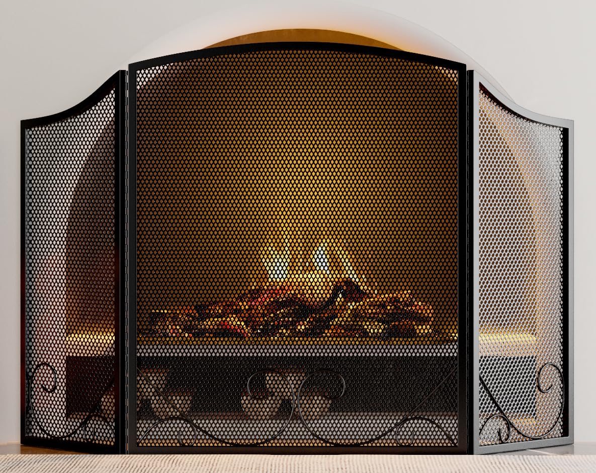 Photo 1 of Lizh Metalwork 3-Panel Black Wrought Iron Fireplace Screen,48"(L) x 29"(H) Spark Guard with Scrolling Design,Decorative Hearth Screen