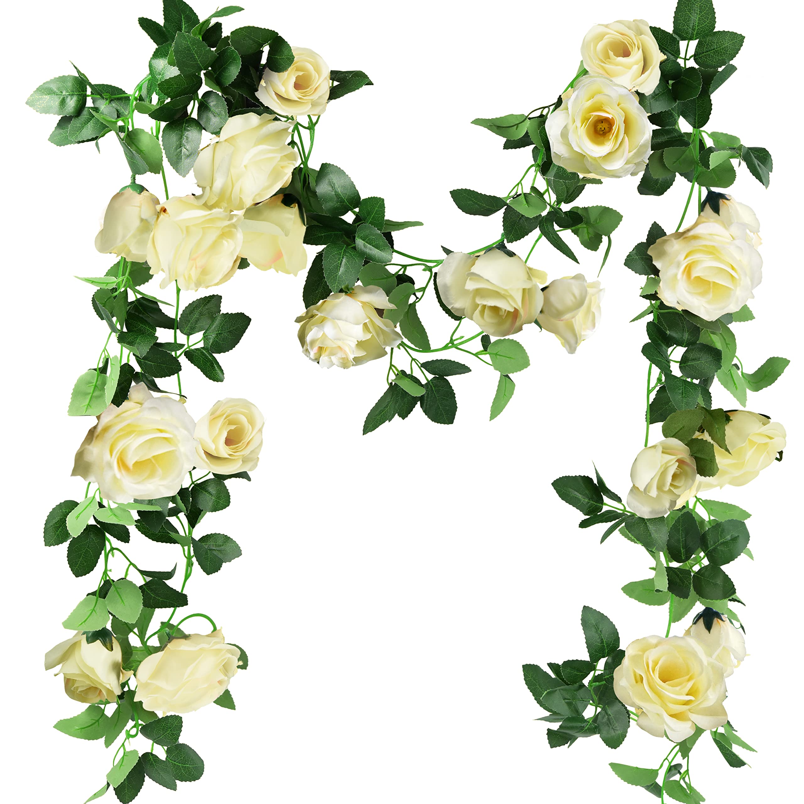 FiveSeasonStuff Cream White Artificial Rose Garlands, Set of Two Silk Flower Vines, Total Length 4.4 Metres for Home Interiors and Decorative Displays