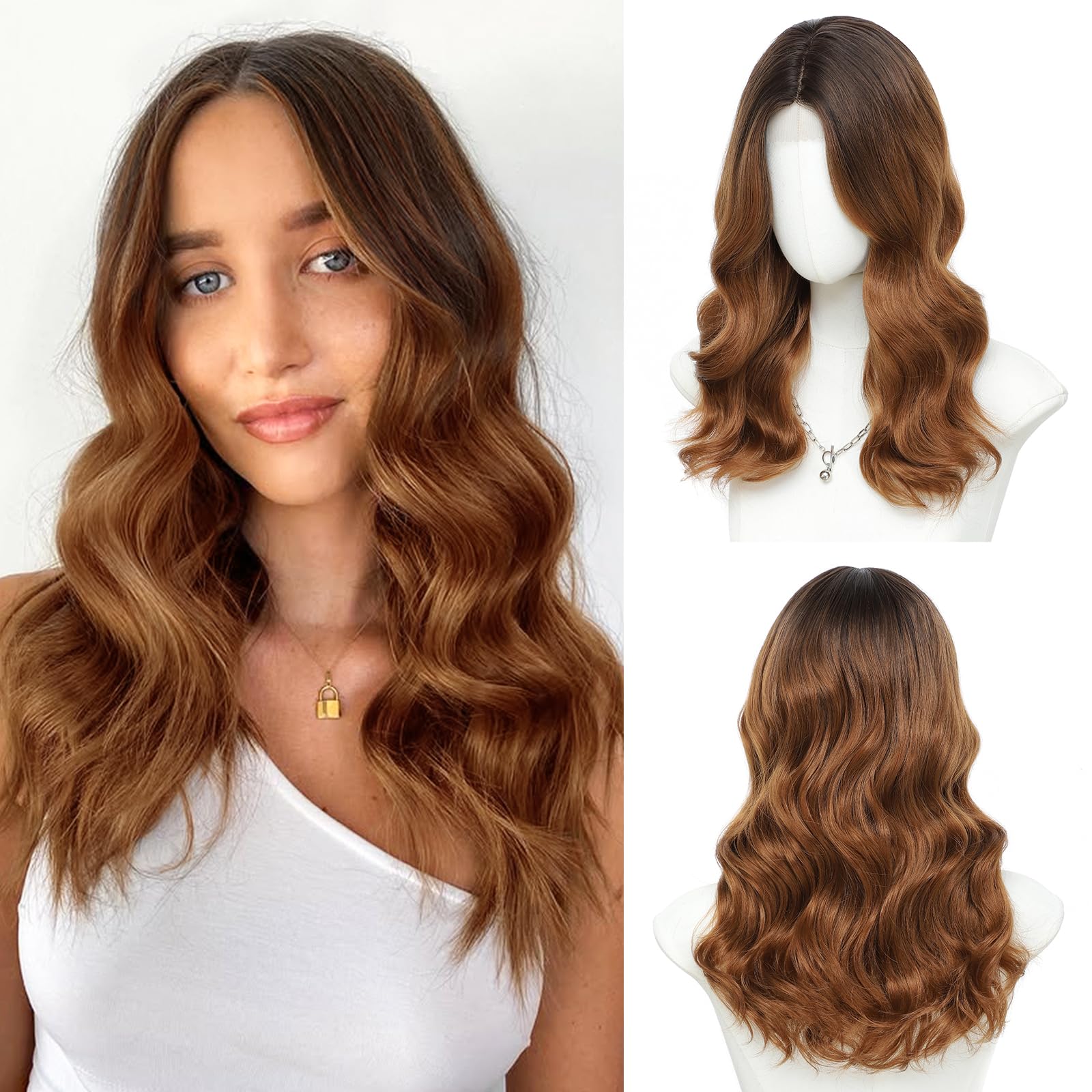 Photo 1 of Niceone Hair 18 inch Wavy Wigs for Women - Middle Part Wavy Brown to Strawberry Blonde Wig with Upgraded Strands Synthetic Natural Hairline Wig for Daily Party(Brown to Strawberry Blonde,18 Inch