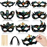 Qpout 18 PCS Mardi Gras Scratch Masks Making kit Rainbow Scratch Paper Mask Craft for Mardi Gras Party Decorations Party Supplies and Carnival Crafts