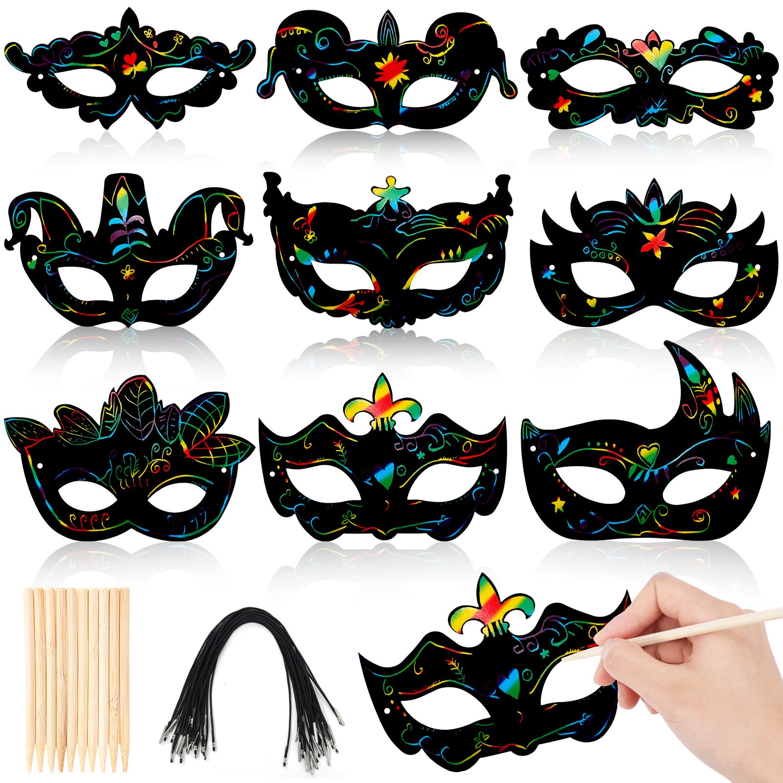 Qpout 18 PCS Mardi Gras Scratch Masks Making kit Rainbow Scratch Paper Mask Craft for Mardi Gras Party Decorations Party Supplies and Carnival Crafts