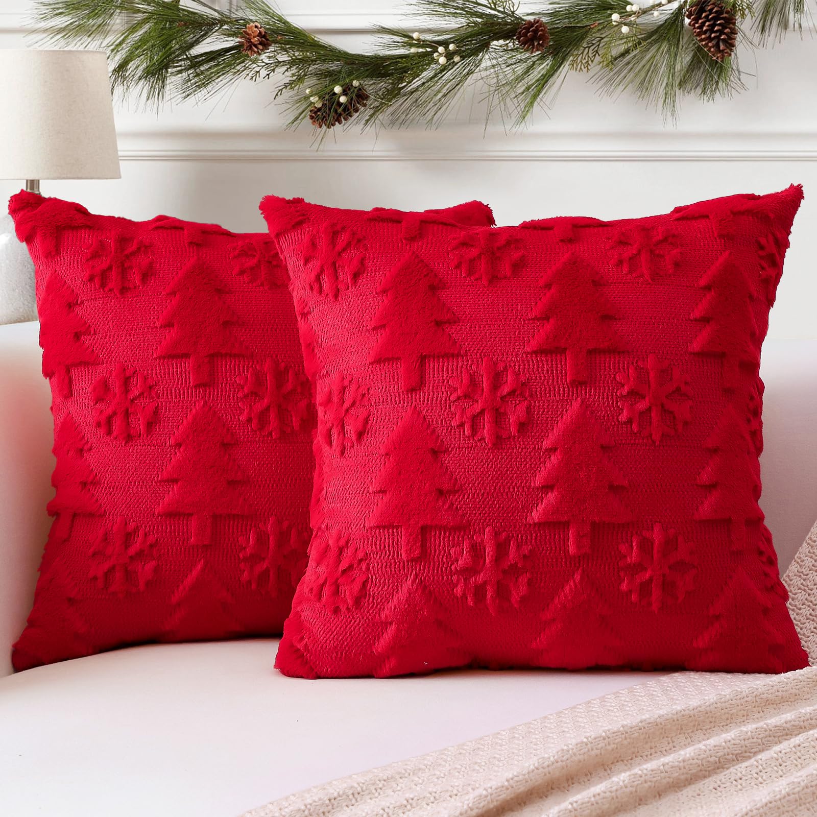 Artscope Set of 2 Xmas Soft Plush Short Wool Velvet Decorative Cushion Covers 40x40cm Square Luxury Style Throw Pillow Covers Pillow Shell for Sofa Bedroom Christmas Tree and Snowflake Red