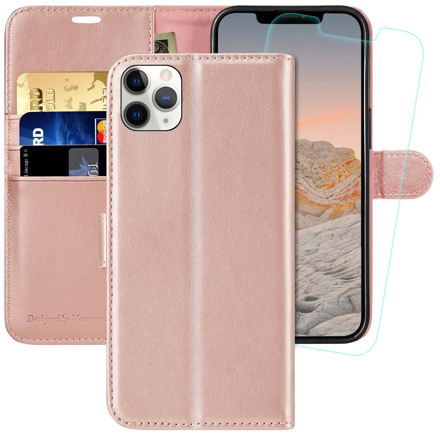 iPhone 12 Pro Max Wallet Case,6.7-inch,MONASAY [Glass Screen Protector Included] [RFID Blocking] Flip Folio Leather Cell Phone Cover with Credit Card Holder for iPhone 12 Pro Max Rose Gold — image 1