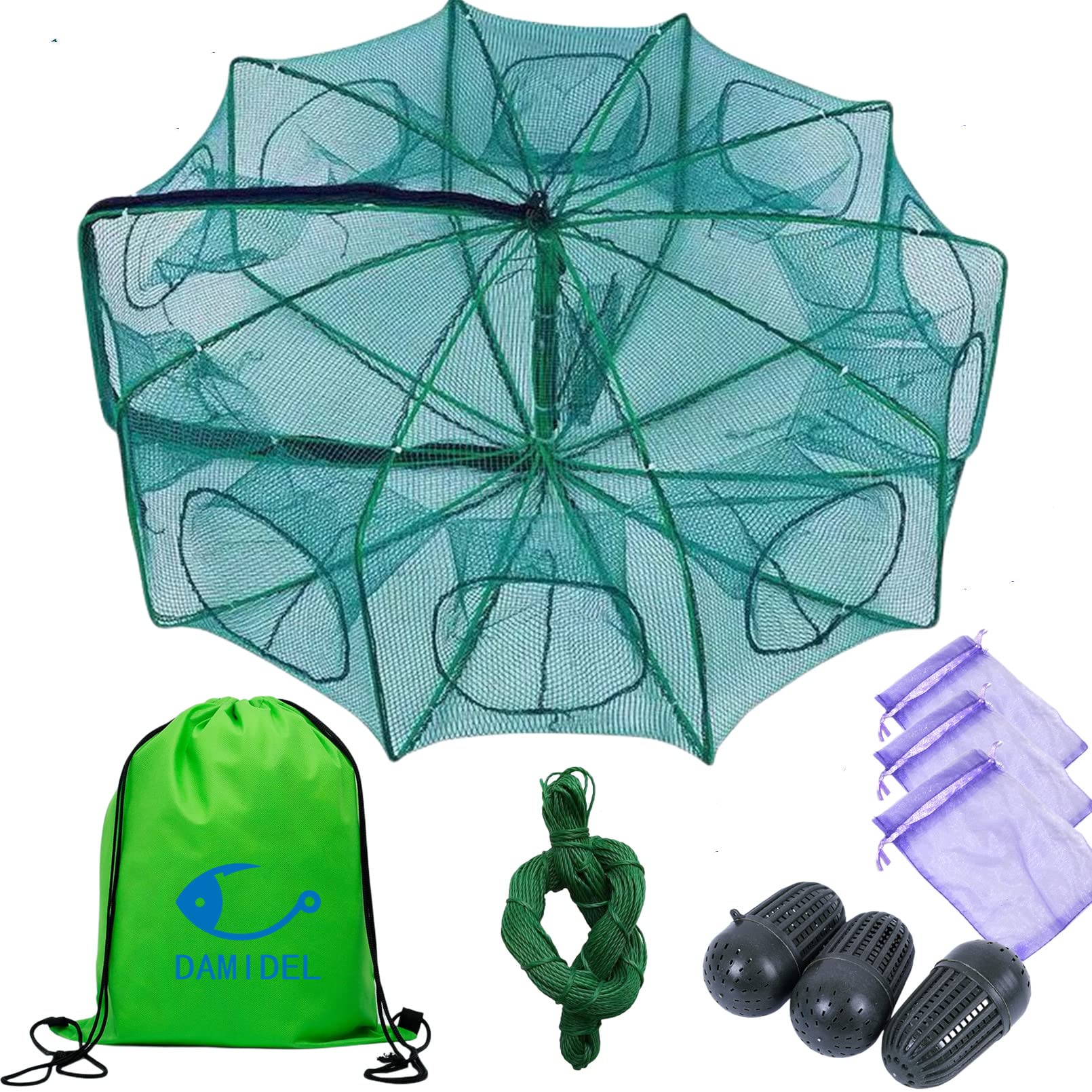 Photo 1 of DAMIDEL 32in x 10in Folded Fishing Bait Trap, 10 Holes 10 Sides Foldable Fishing Nets for Fish/Crab/Shrimp/Crawdad, Upgrade Large Space,Bait Bag/Bait Box/Rope/Storage Bag