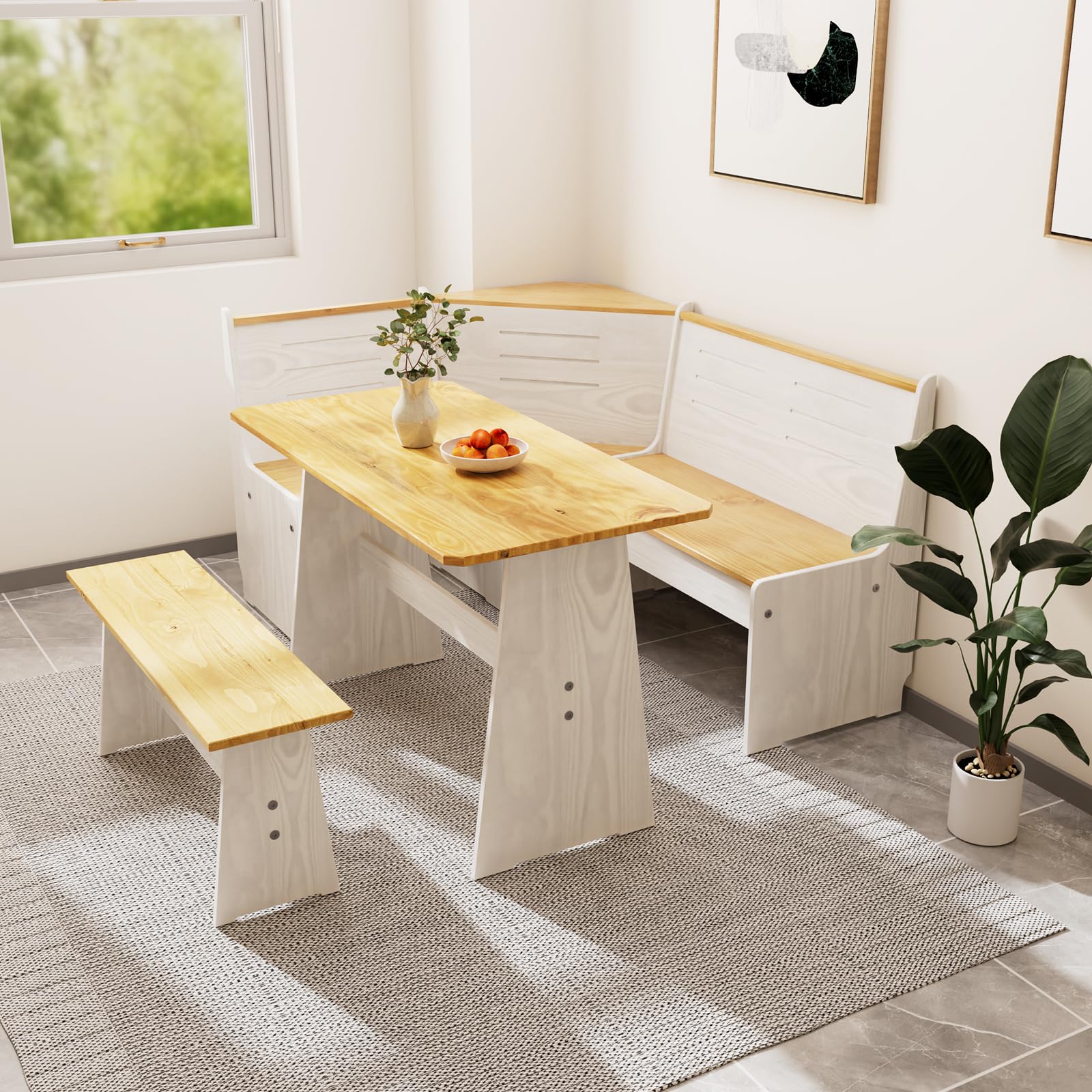 Photo 1 of Cidase Kitchen Breakfast Nook Table Set - Solid Wood Corner Bench Dining Set for 4-6 People, L Shaped Bench for Dinner Room, Space Saving Kitchen Booth Seating with Table for Small Space, White