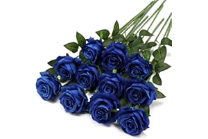 FLORRALIA Blue Fake Roses Artificial Flowers - 10 Pcs Fake Artificial Roses Silk Flowers with Stems for Home Wedding Hotel Office Centerpiece Decor