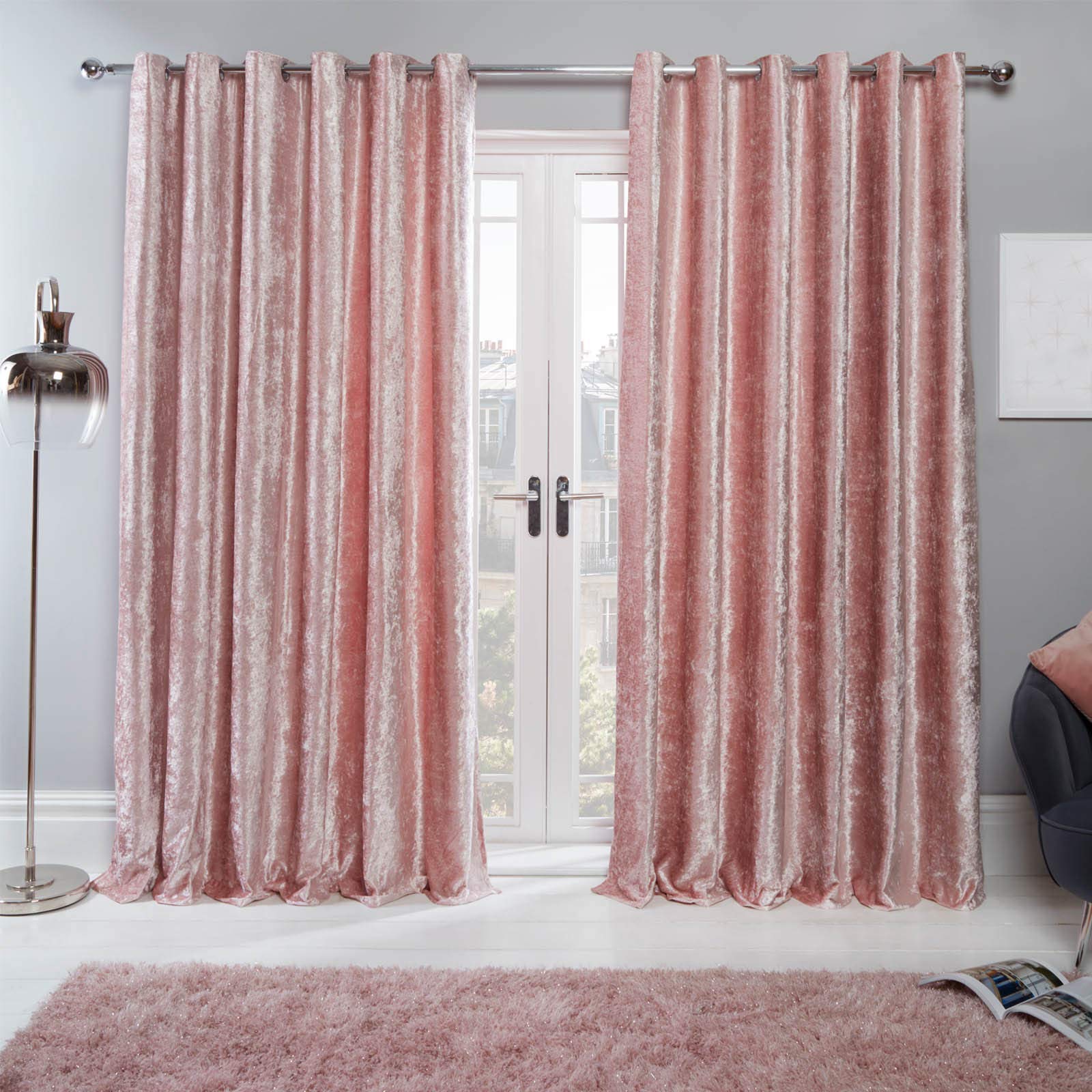 Sienna Crushed Velvet Curtain Eyelet Ring Top Pair of Fully Lined Curtains, Soft Luxurious Blush Pink Thermal Insulated Curtains Window Treatment 2 Panel, 46" x 72"