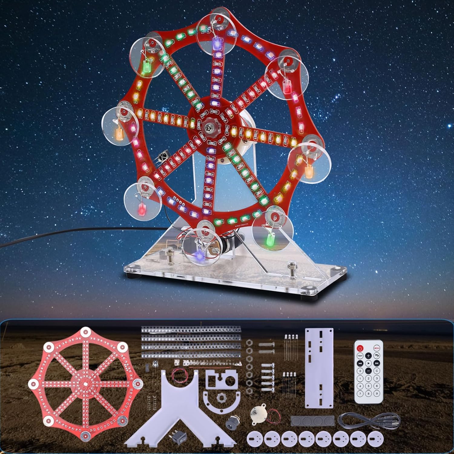 DONGKER DIY Ferris Wheel Soldering Kit with Colorful LED Lights, Rotating Ferris Wheel with Music, Soldering Project Light Adjustable by Remote Control, Electronics Kits for DIY Learning to Solder